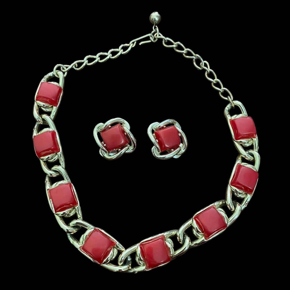Vintage 1950s Thermoset Necklace Earring Set Red Demi Parure Goldtone
